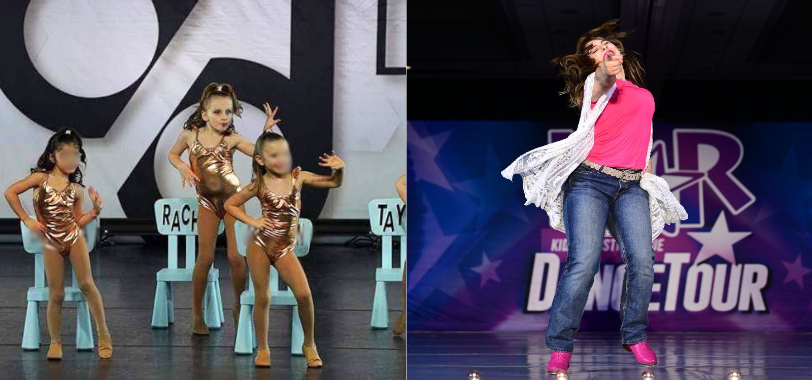 Young dancer Rachel at first dance competition in 2018 compared to performing at competition in 2026 showing growth in confidence and performance