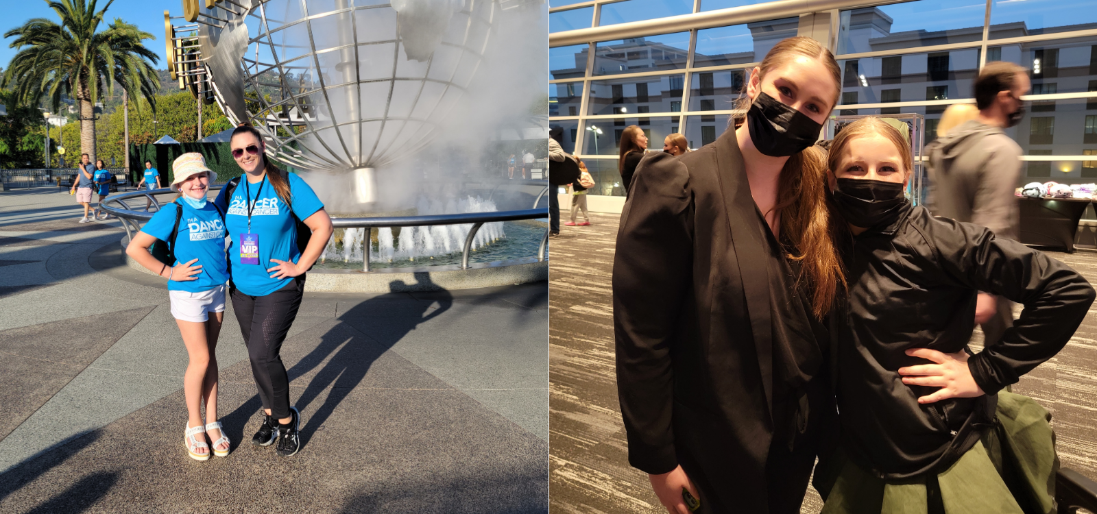 Dance student Rachel with instructor Annie at Hollywood Dance Experience Universal Studios and again at Rainbow Dance Competition 2022 Seattle months later