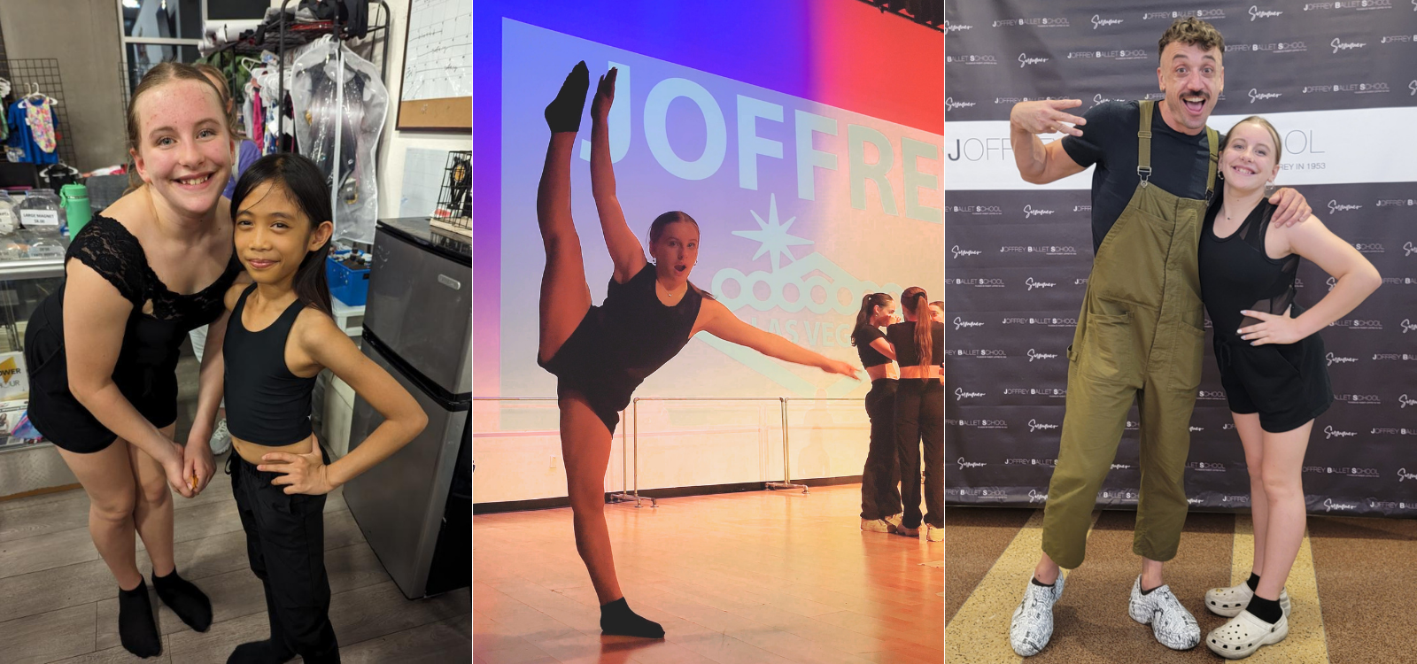 Dancer performing on stage and training with instructors during Joffrey Ballet School Las Vegas summer intensive 2023
