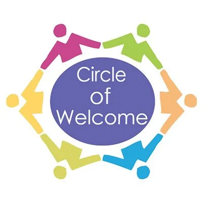 Circle of Welcome logo with five colorful human figures holding hands around a blue circle that says 'Circle of Welcome'.