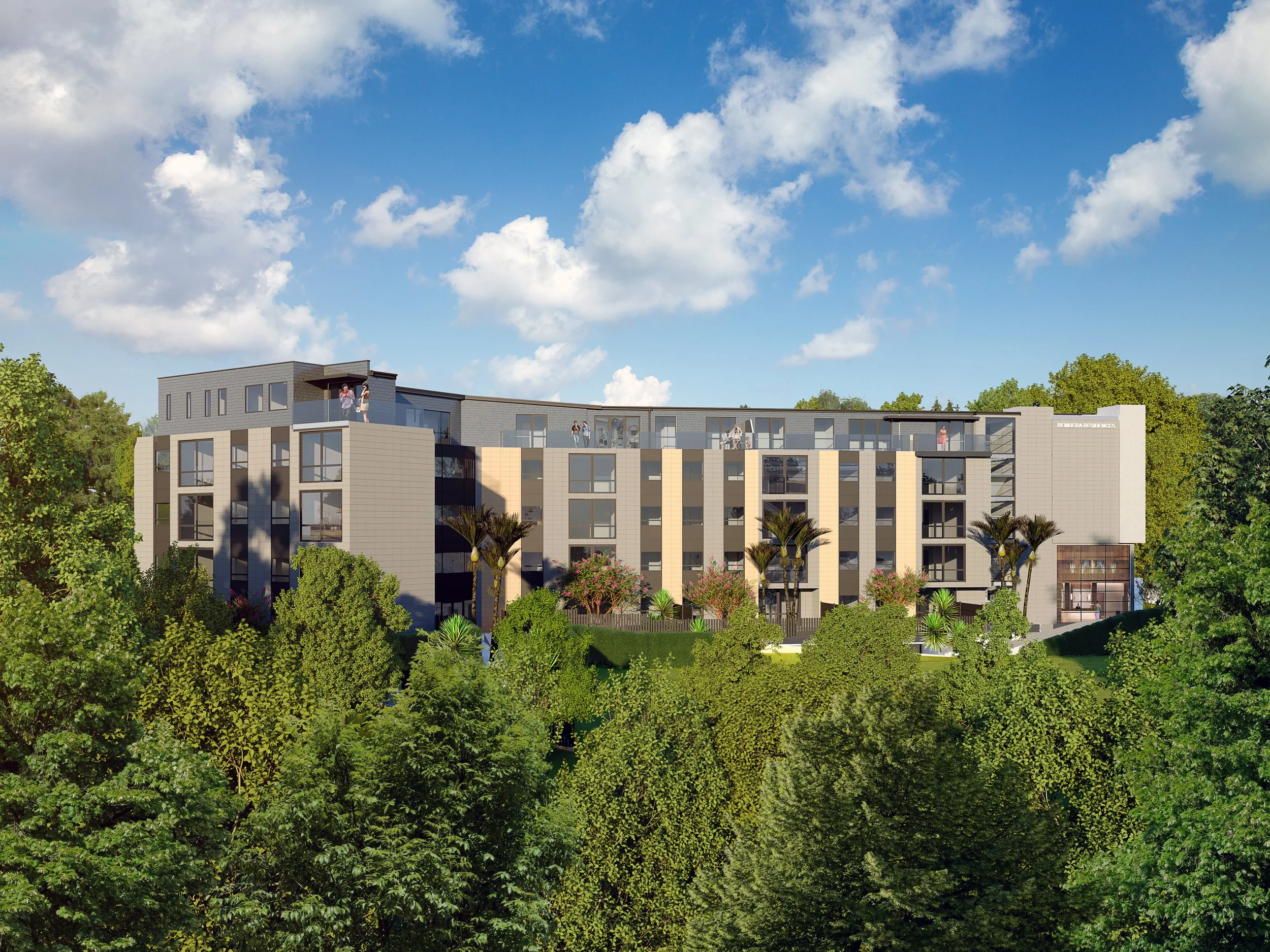 Modern multi-story residential building surrounded by greenery and trees, with balconies and rooftop terraces, under a partly cloudy sky.