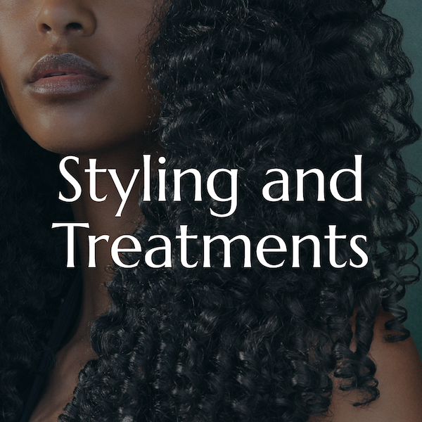 Close-up of a woman with curly hair and dark skin, with text saying "Styling and Treatments."