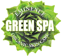 Logo for Eminence Green Spa Organic Skin Care, with green leaves and text.