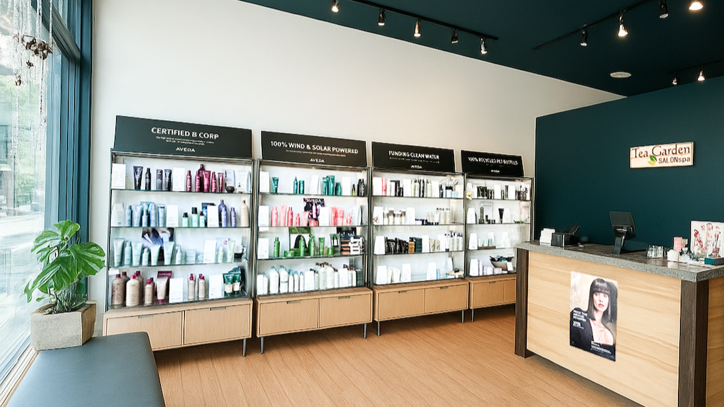 Interior of a beauty salon or store with shelves of hair and skincare products displayed, a reception counter, a potted plant, and a sign that reads 'Tea Garden SALONspa'.