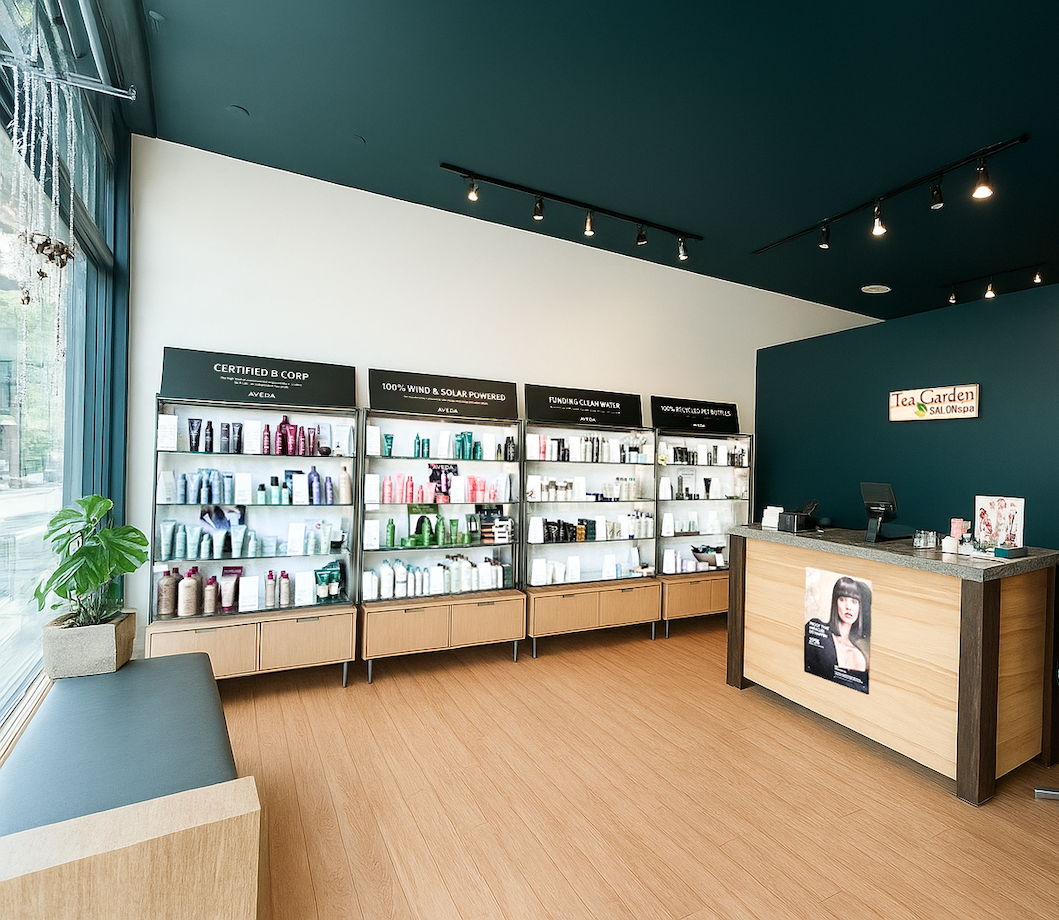 Interior of a salon with shelves of hair products, a teal accent wall, a reception desk, and a seating area by large windows.