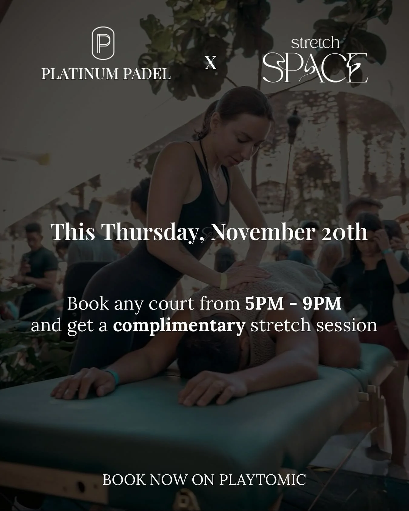 Level up your game AND your recovery 👇
This Thursday, book a court from 5&ndash;9 PM and enjoy a complimentary stretch session.
Reserve on Playtomic before spots fill! 🎾

#PlatinumPadel #StretchSpace #PadelMiami #PadelUSA #MiamiEvents #Playtomic #P