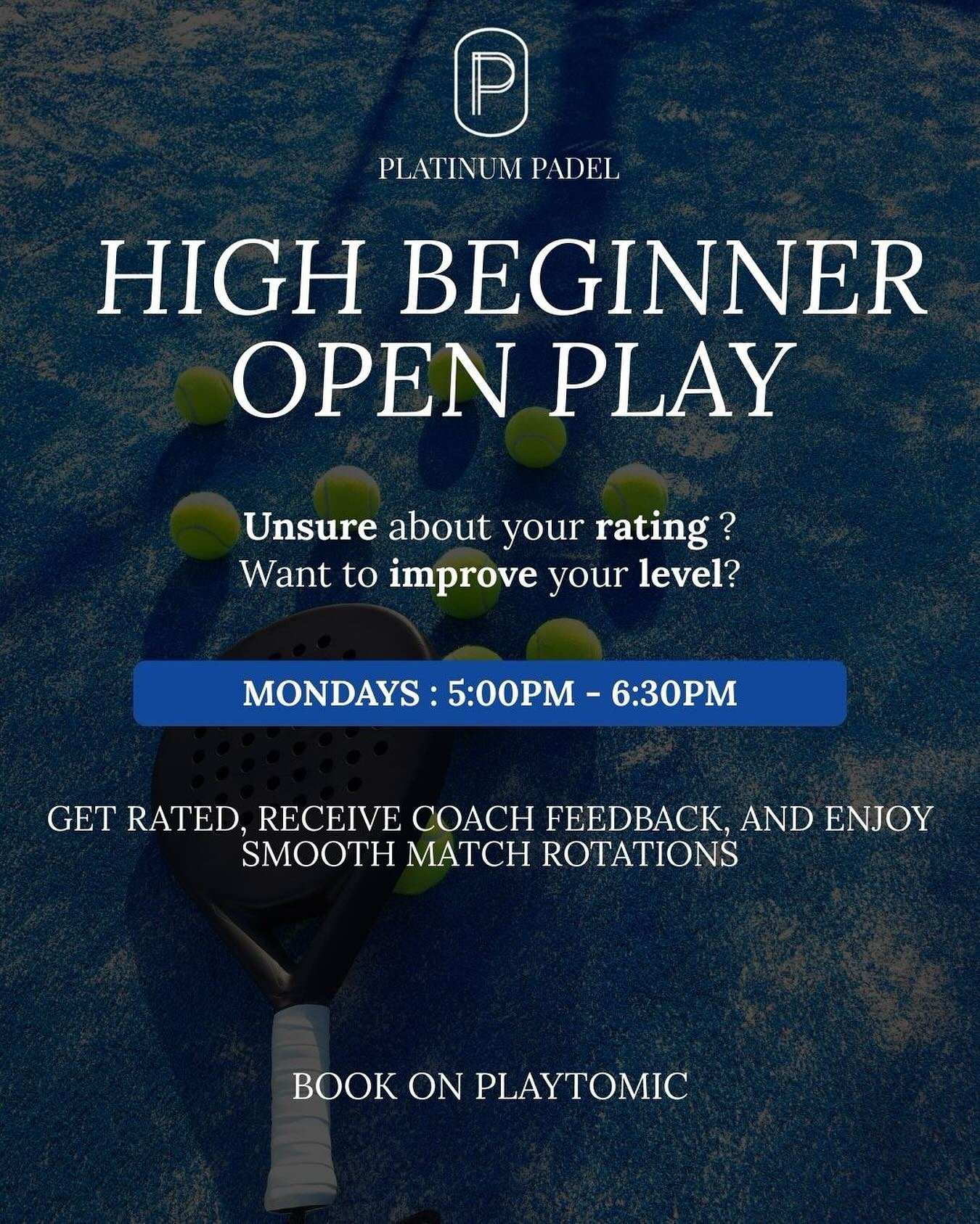 Level up your game! 💪🎾
Join our High Beginner Open Play every Monday at 5:00PM&ndash;6:30PM.
Get rated, receive coach feedback, and enjoy smooth match rotations.
📲 Book your spot on Playtomic!  #platinumpadel #levelup #rating #miamipadel #padel #p