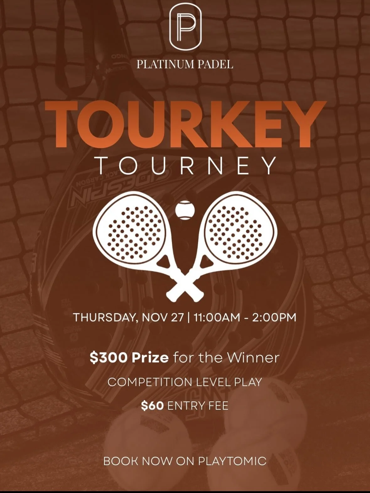 Don&rsquo;t miss our Thanksgiving + Black Friday specials! 🎾🦃
Tournaments, Americanos, prizes, and nonstop padel all week long.
Book your spot now on Playtomic!  #PlatinumPadel #PadelMiami #MiamiPadel #ThanksgivingSpecials #BlackFridayPadel #Holida