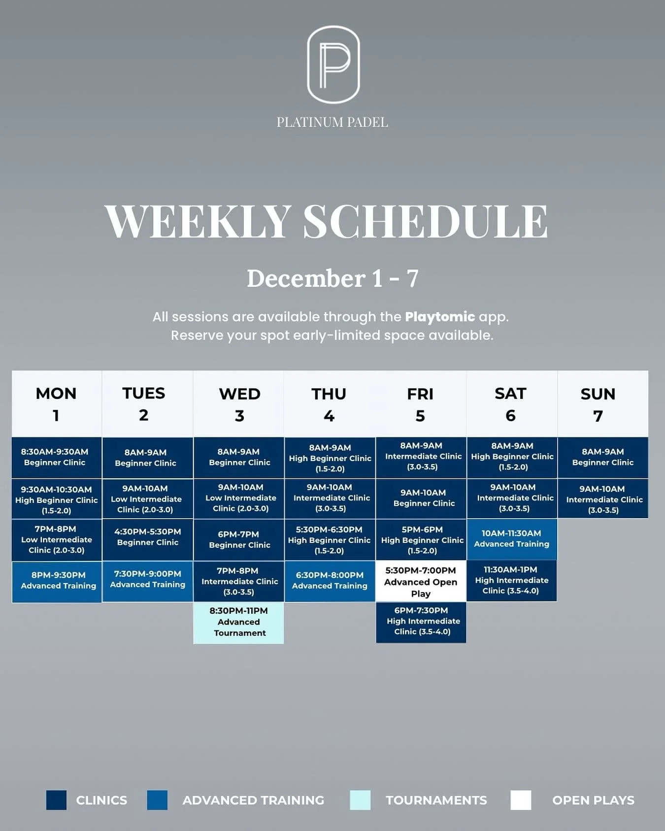 Everything happening this week at Platinum Padel &mdash; clinics, open plays, training, and tournaments all in one place to keep your week full of padel and connection 🤍🎾
📲 Book now on Playtomic &mdash; spots are limited!#PlatinumPadel #PadelMiami