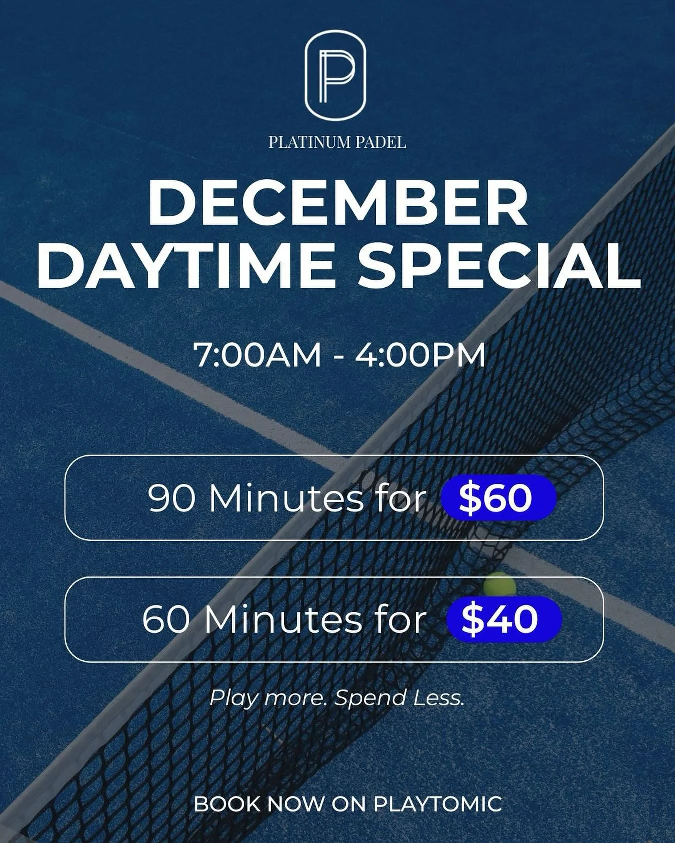 Our December Daytime Special is here! ☀️
Enjoy discounted court bookings from 7AM&ndash;4PM all month long.
Play more, spend less &mdash; book your court now on Playtomic! 🎾

#PlatinumPadel #PadelMiami #MiamiPadel #PadelLife #PlayMoreSpendLess #Play