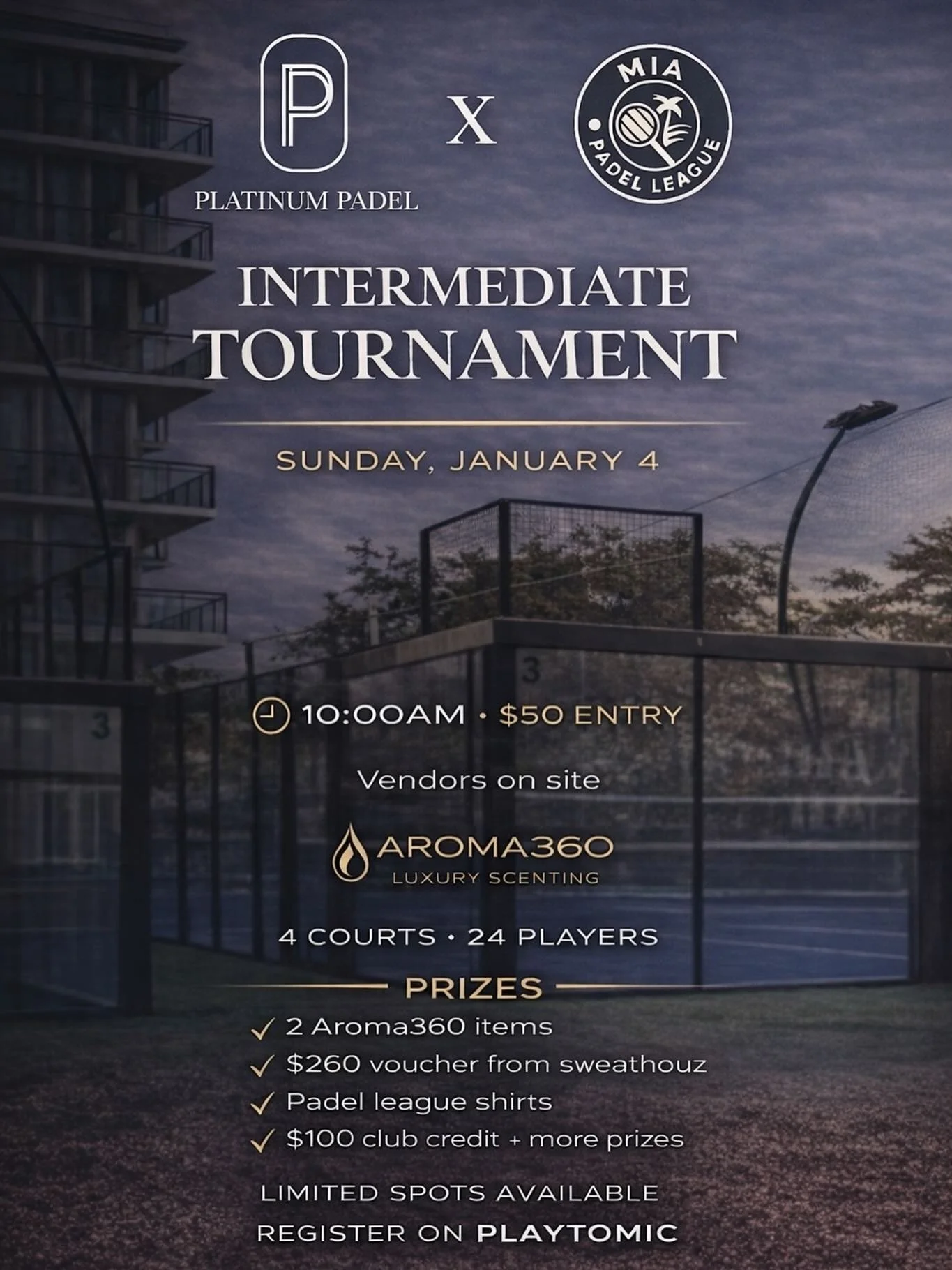Intermediate Tournament 🎾
📅 Sunday, January 4
🕙 10:00 AM
🎟 $50 entry

Competitive play, great vibes, and prizes you don&rsquo;t want to miss.
Vendors on site featuring Aroma360 ✨

Limited spots available &mdash; register now on Playtomic.

#Plati