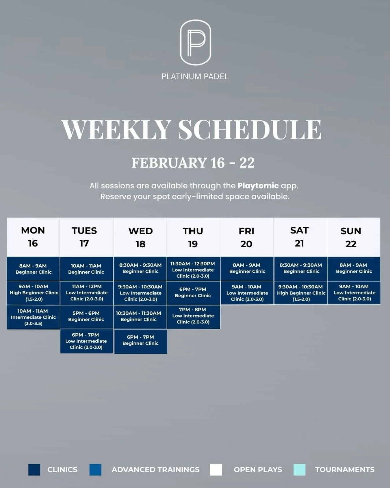 This week at Platinum Padel 🎾
Clinics for every level all week.
Reserve your spot early on Playtomic &mdash; limited availability.

#PlatinumPadel #PadelMiami #WeeklySchedule #PadelLife
