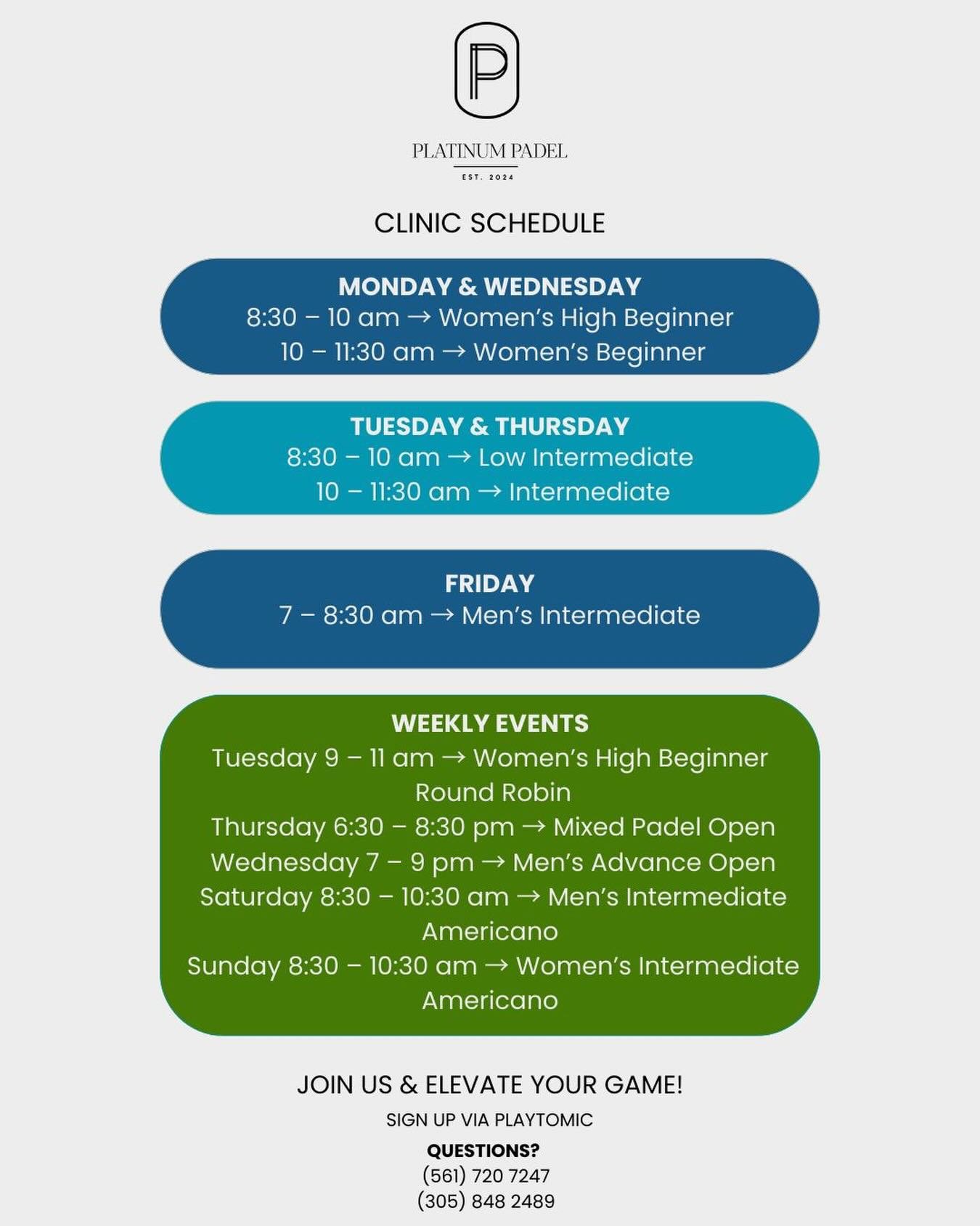 Clinics &amp; Event Schedule at Platinum Padel! 🎾

Join us on court for great games, fun competition, and top coaching.

Check out the schedule and come play with us!