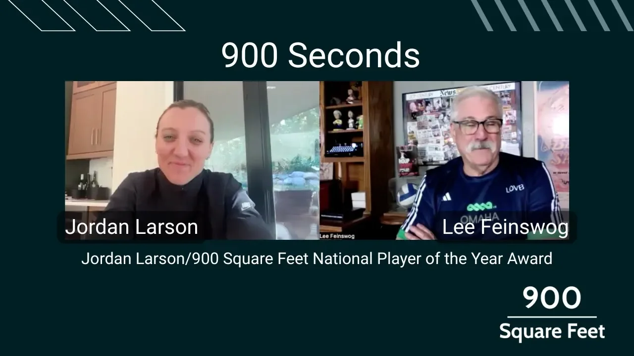 Jordan Larson and Lee Feinswog, discussing Jordan and the naming of the 900 Square Feet National Player of the Year Award.