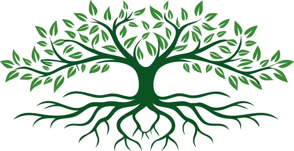 A stylized green tree with numerous leaves and extended roots.
