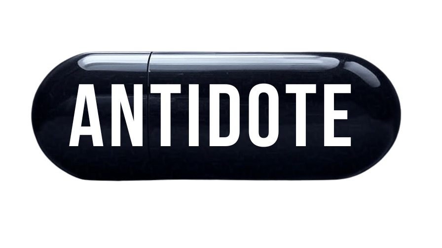 A black capsule-shaped pill with the word 'ANTIDOTE' written in white capital letters.