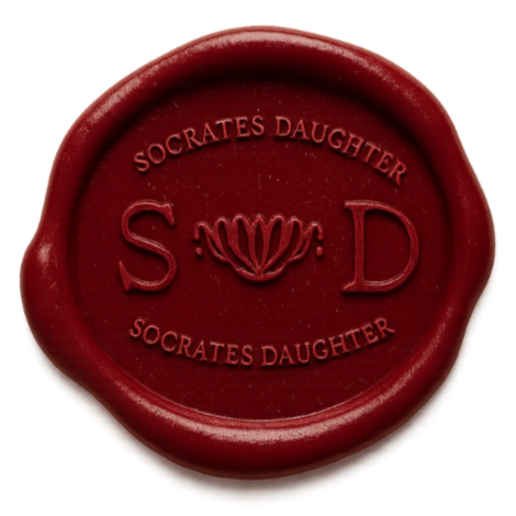 Close-up of a red wax seal with the text "Socrates Daughter" and a decorative emblem in the center.