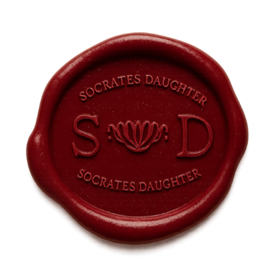 Red wax seal with the text 'Socrates Daughter' and initials 'S . D' around a floral emblem.