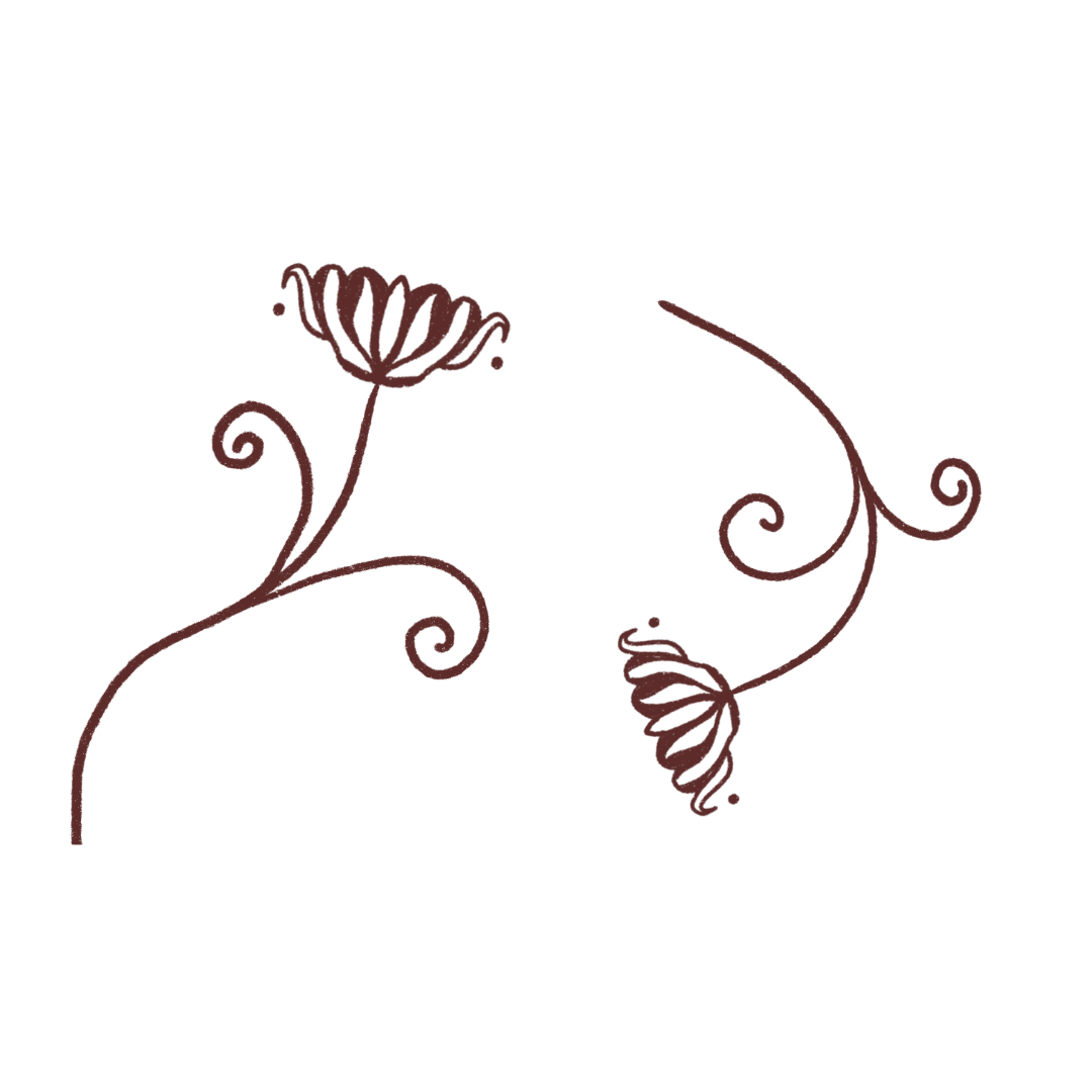 Decorative floral design with two stylized flowers and swirling stems on a black background.