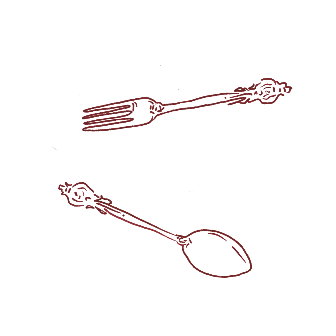 A vintage illustration of a fork and a spoon arranged with the fork pointing to the right and the spoon pointing downwards, both outlined in red.