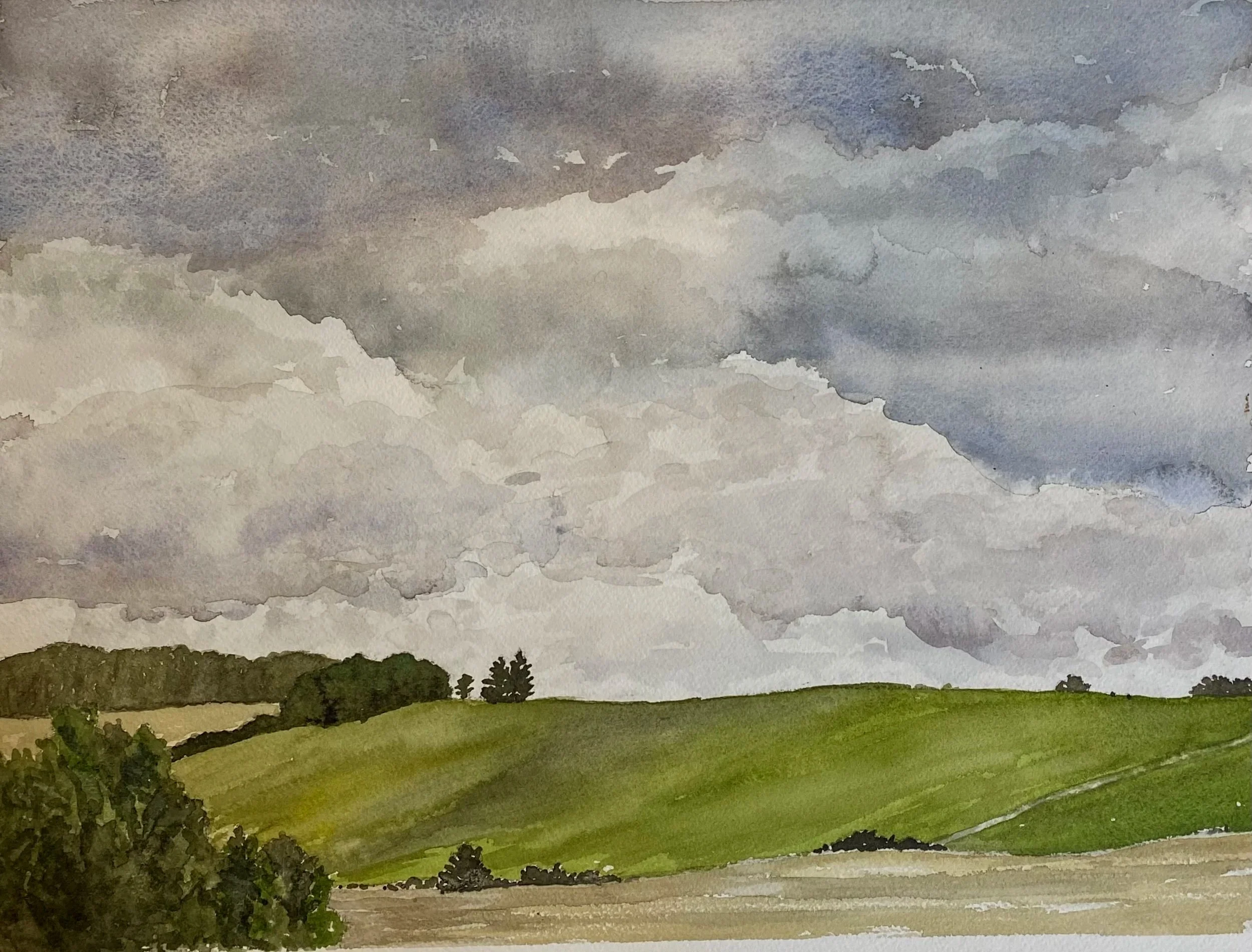 Katherine McHarg, "Spring Winter Wheat on Garden Hill", 2026, Watercolour on Paper, 12 x 16"