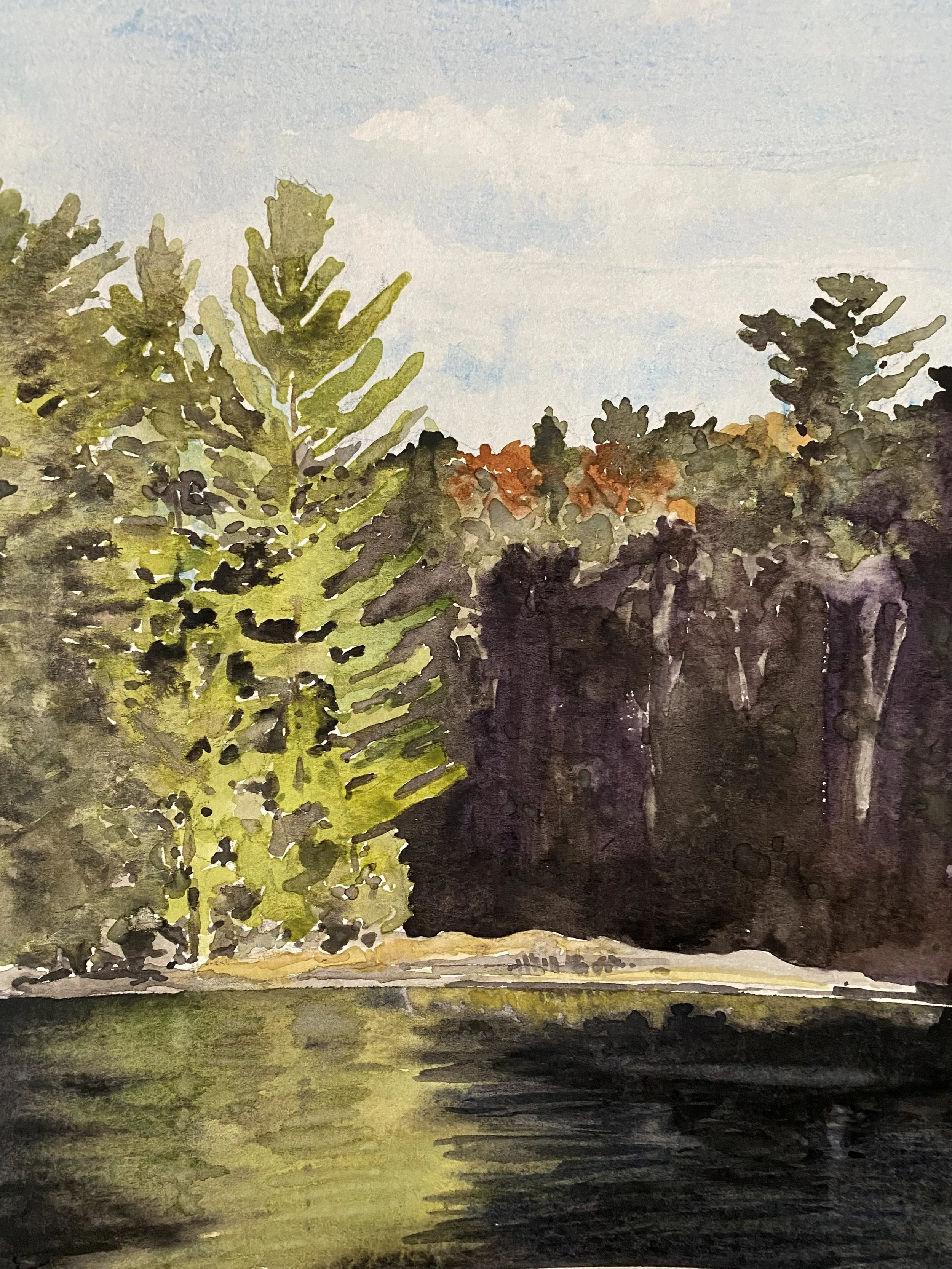 Katherine McHarg, Southeast Bay of Stormy Lake, 2026, Watercolour on Paper, 15 x 11"