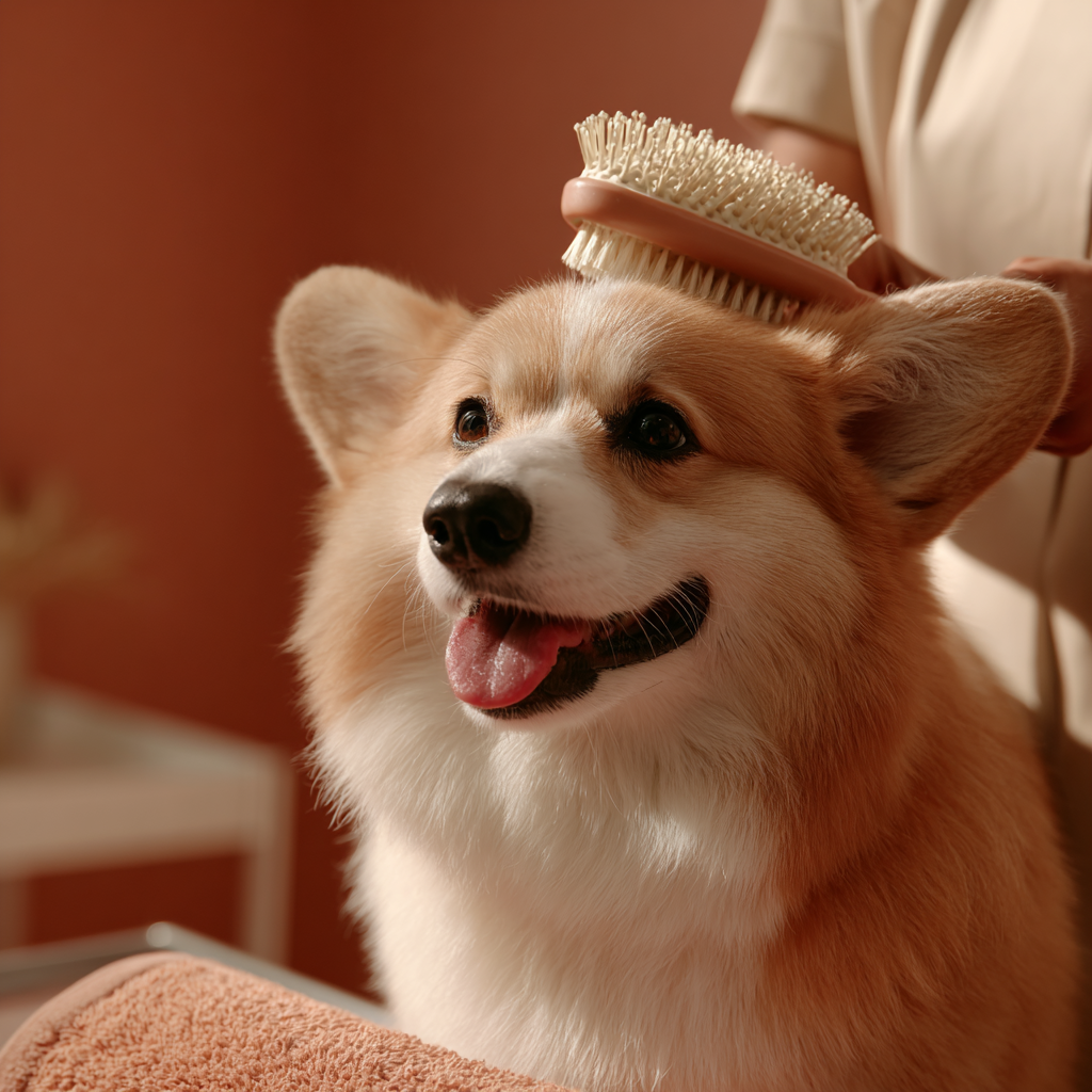 A happy corgi being brushed 