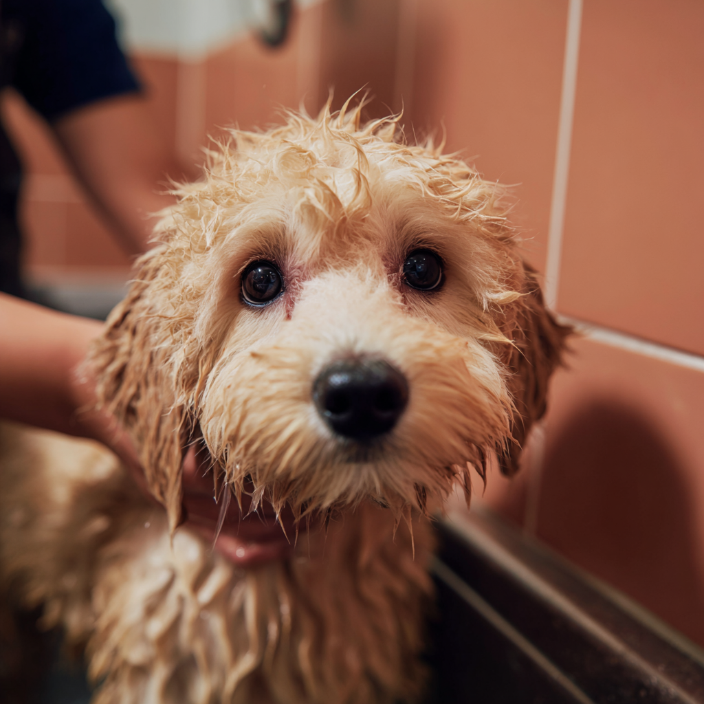 A baby dog being bathed