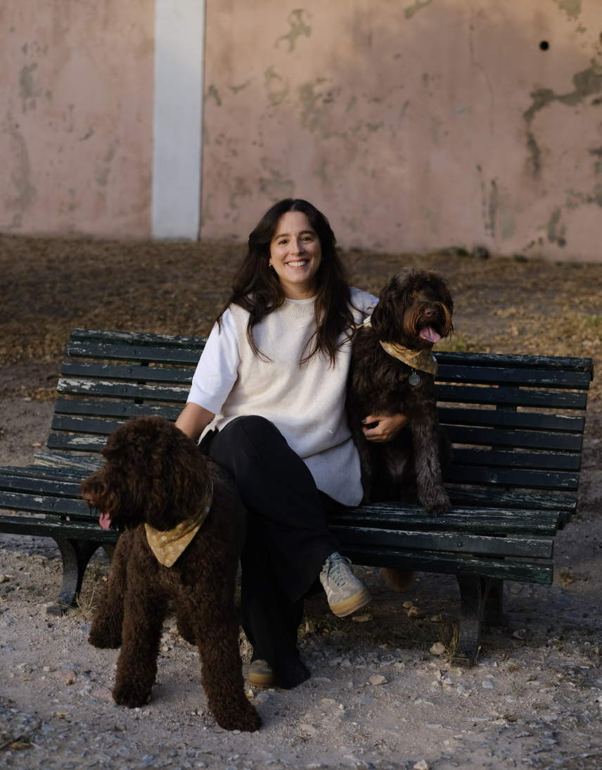 A woman sitting on a park bench with two large brown dogs, one sitting beside her and the other standing in front. She is smiling and wearing a white shirt and black pants, with a yellow bandana around each dog's neck. The background shows a pinkish wall and dirt ground.