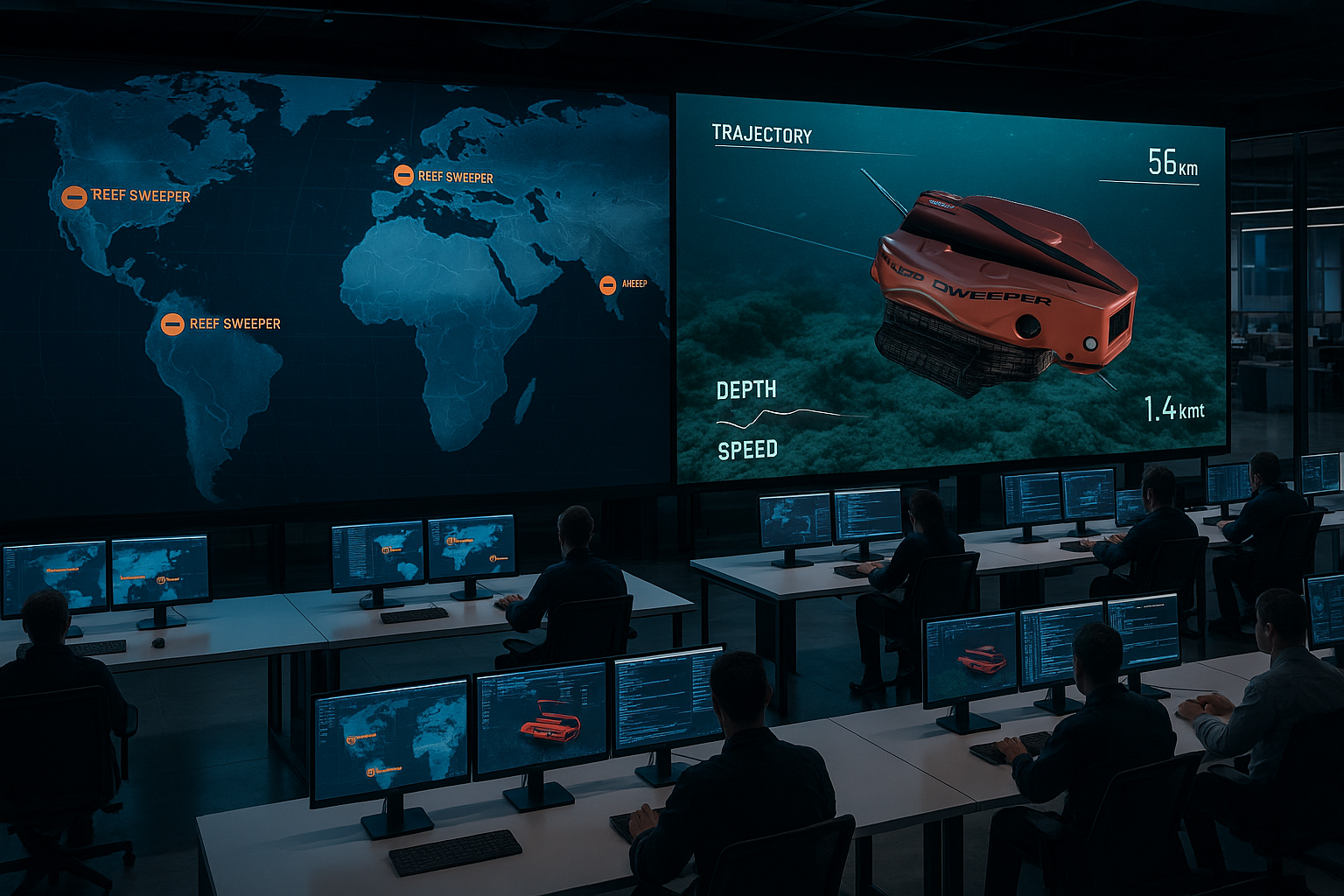 A control room with multiple monitors, people working at desks, and a large screen displaying a world map with locations labeled Reef Sweeper, and a graphic of a robotic underwater vehicle with details like trajectory, depth, and speed.