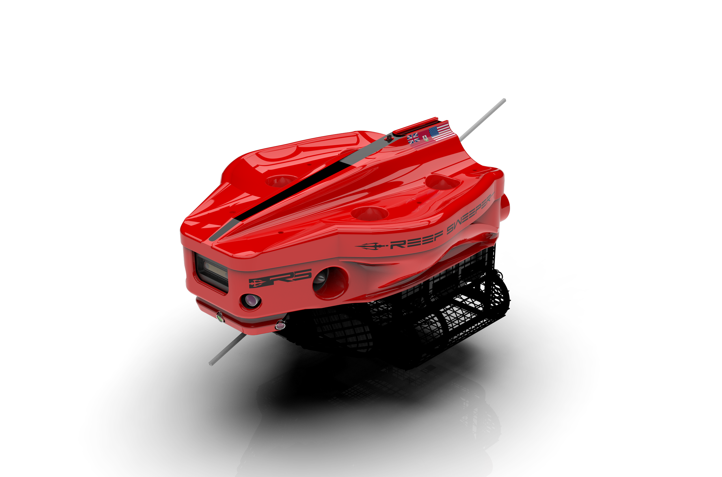Red underwater ROV labeled 'REEF SWEEPER' with attachments on top and bottom, positioned on a reflective surface with shadow.