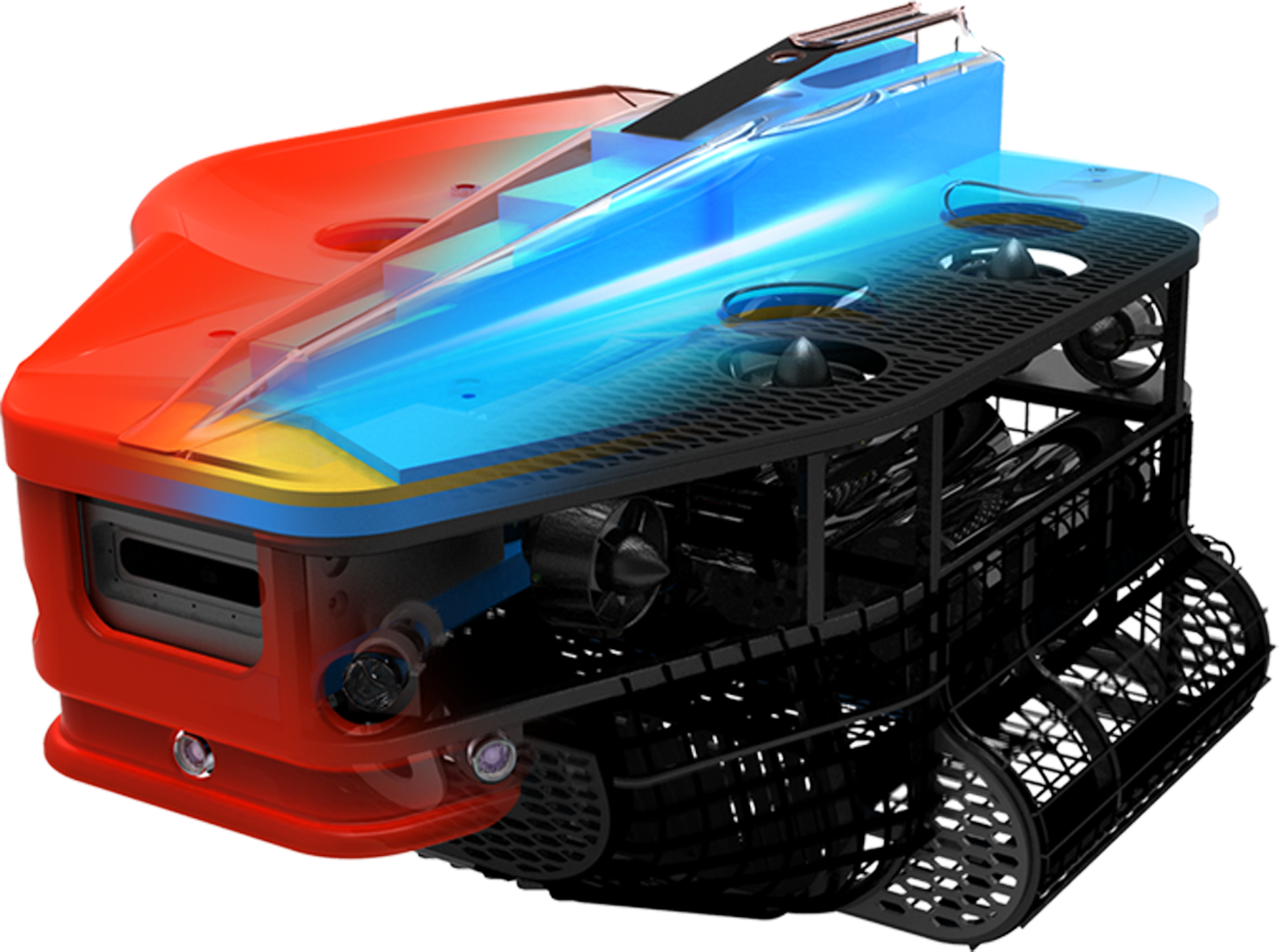 An autonomous robotic vehicle with a red body, black grille, with various mechanical components, and various sensors and parts. Shown in red shade faded into blue painted option.
