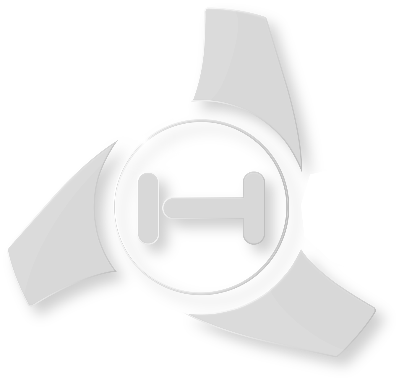 A stylized logo featuring a circular element with an 'H' inside and geometric shapes around, like a fan.