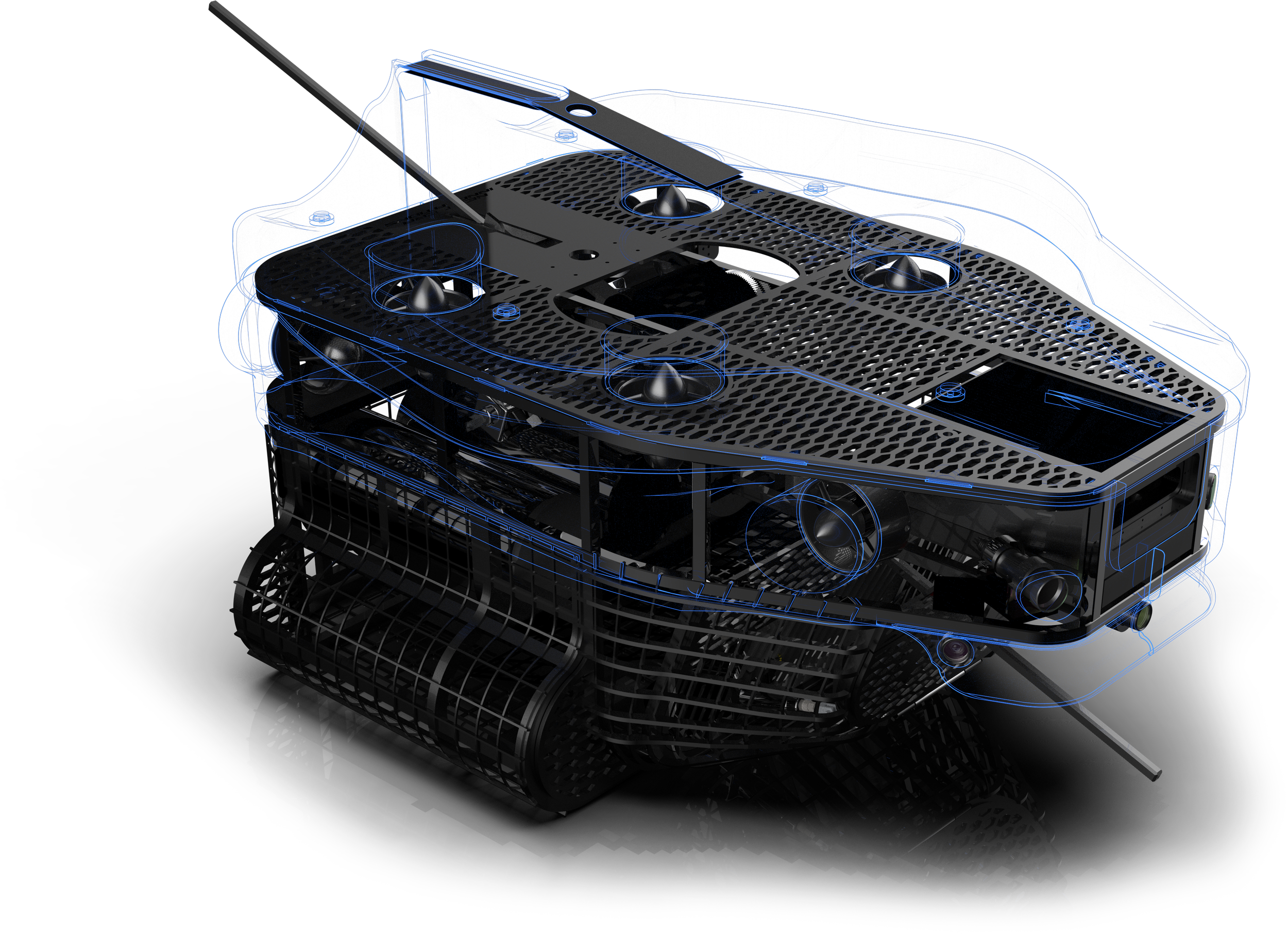 Digital rendering of a robotics chassis with various components, wires, and mounting points, with blue outlines highlighting the structure.