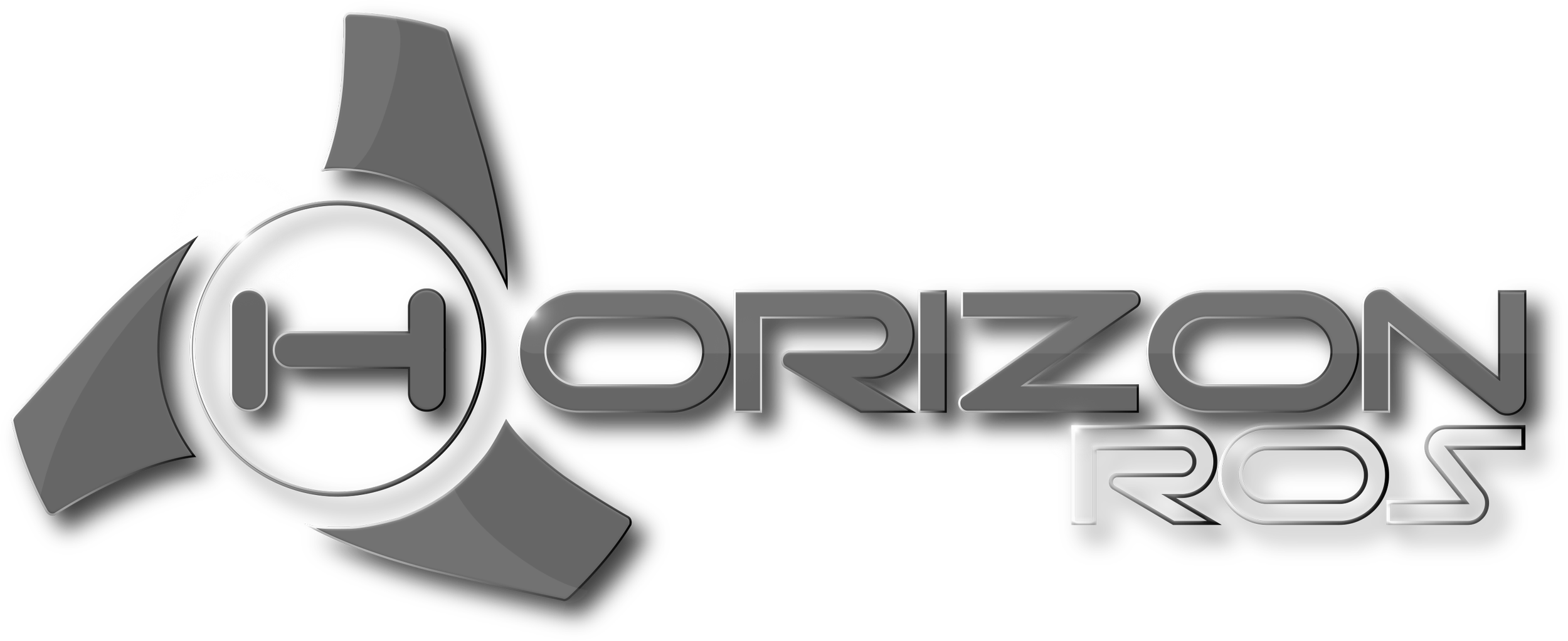 A stylized logo with the words 'Horizon ROS' in silver metallic text and a black background, featuring a circular element with an 'H' inside and geometric shapes around, like a fan.