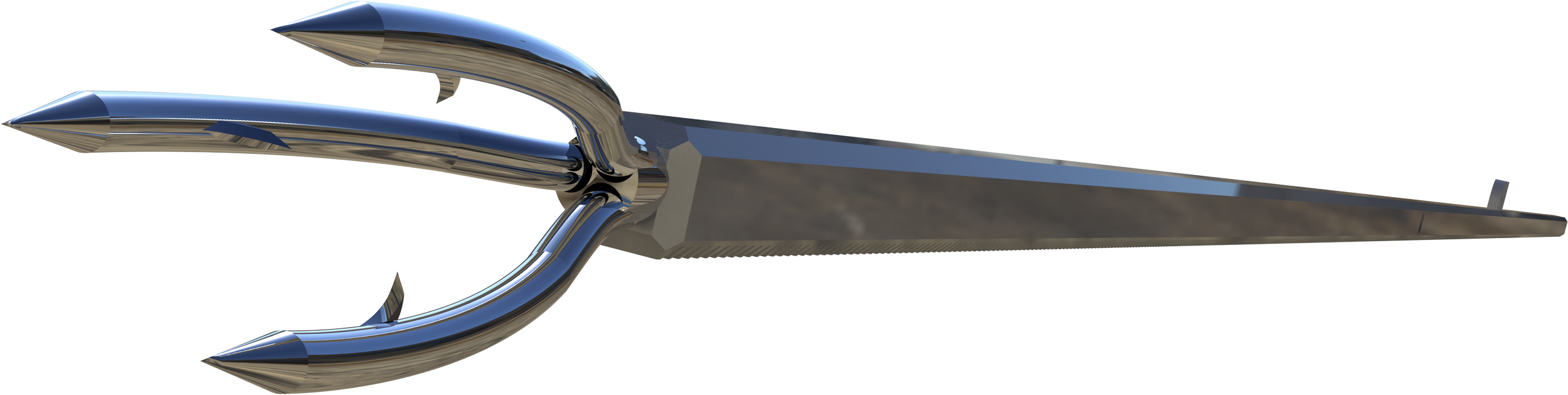 A close-up digital rendering of a shiny, metallic, fishing spear with a uniquely designed blade and a double-pronged hilt.