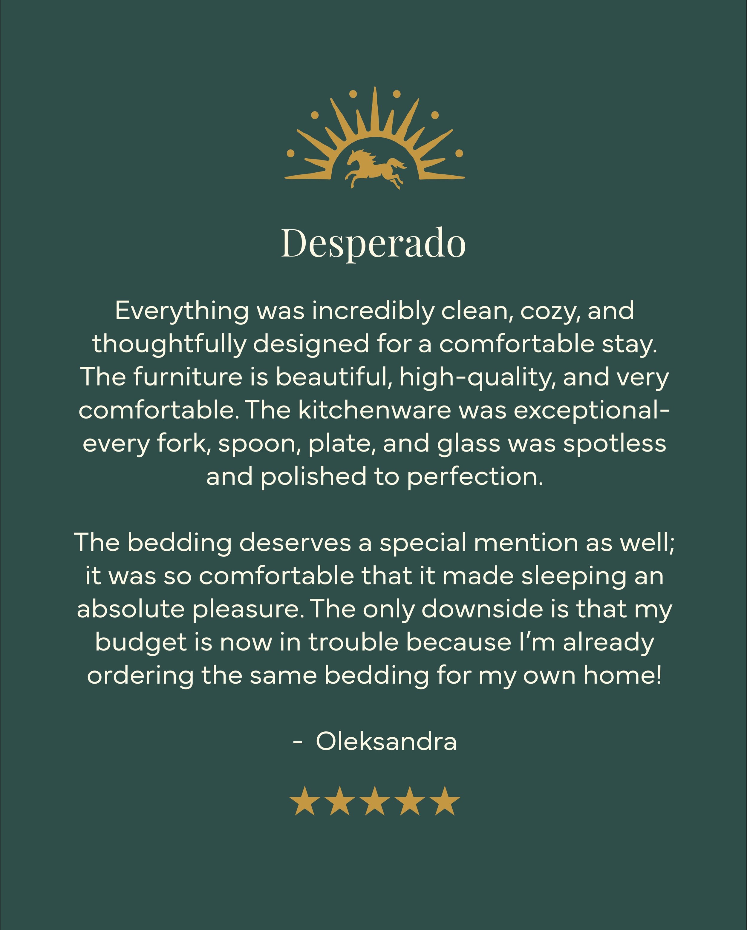 When is the last time you stayed at a vacation home and thought the beds were so comfortable that it made sleeping &ldquo;an absolute pleasure&rdquo;? Yeah me neither. 😆 Thank goodness the designer of the Desperado (me) already obsessed over every d