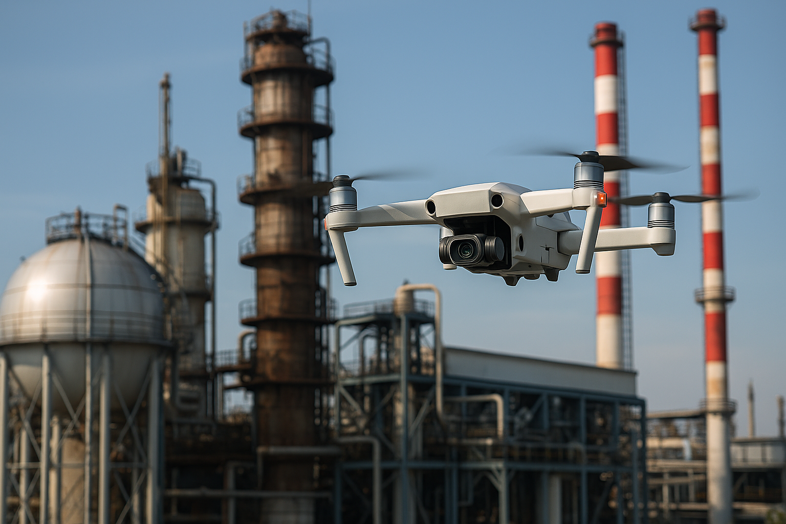 A drone flying in front of industrial factories with smokestacks.