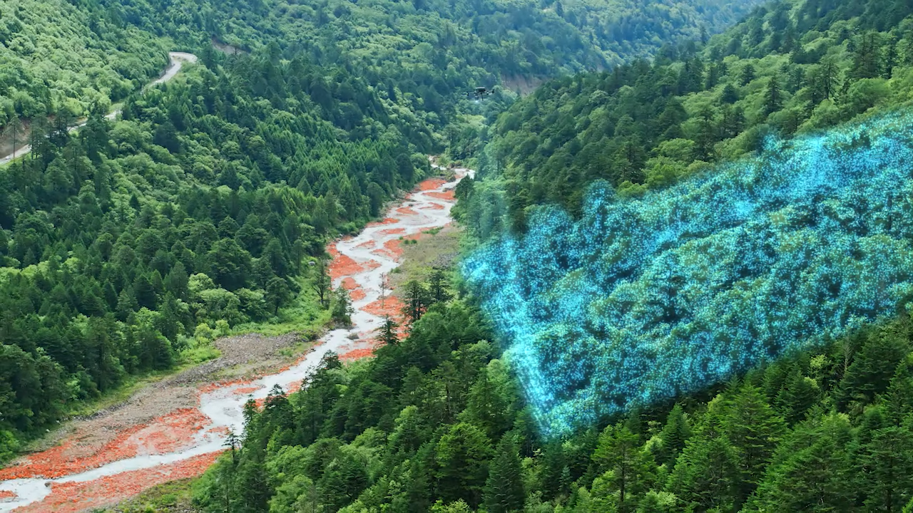A drone flying over a lush green forested valley with a river flowing through it, overlaid with a digital visualization of a neural network in blue.