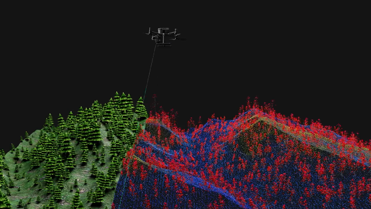 A drone flying over a digital 3D terrain map with a dense forest of pine trees on the left and a mountainous area covered in red and blue point cloud data on the right.