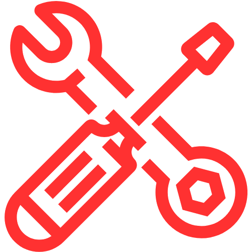 Red outline icons of a wrench, screwdriver, and screwdriver crossing over each other, forming a crossed tools symbol.