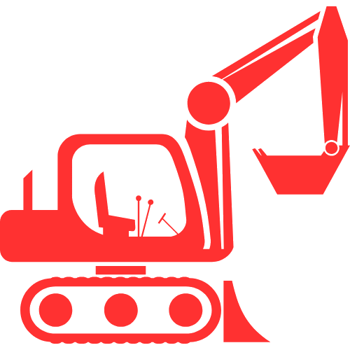 Red construction excavator with a bucket and arm, facing right.