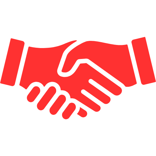 Icon of two red hands shaking, symbolizing agreement or partnership.