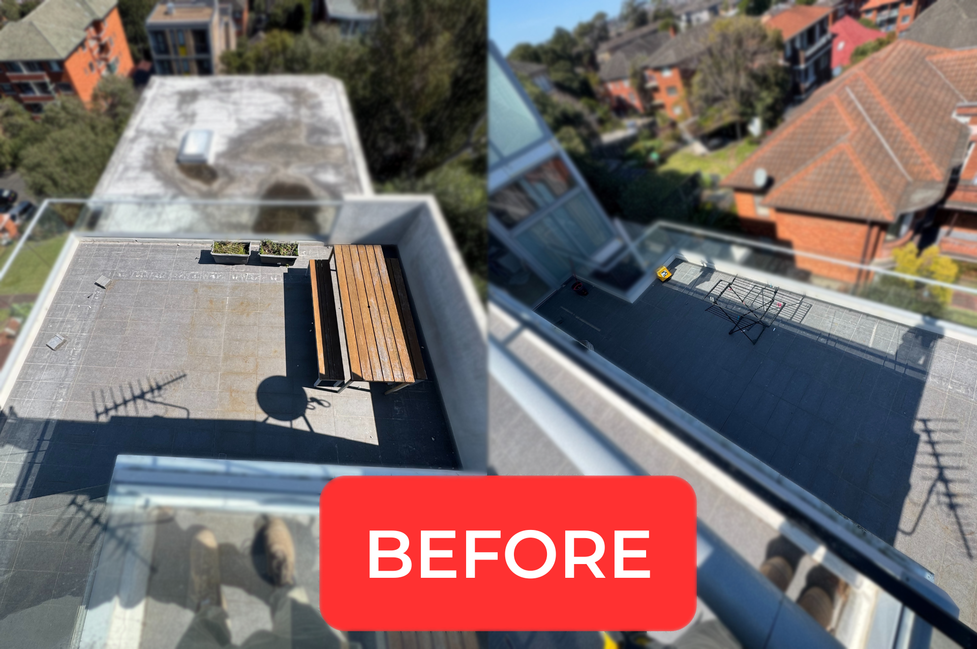 View from a rooftop showing a small balcony with a wooden bench, two planters, and a shadow of a TV antenna, with a background of neighboring rooftops and trees, and a red label overlay that reads 'BEFORE'.