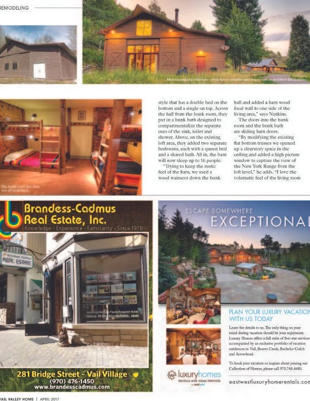 Multiple images from a home remodeling or real estate flyer, including a wooden house exterior, a cozy interior with wood beams and beds, a real estate agency storefront, and a picturesque neighborhood. Text promoting luxury homes and vacation planning is also visible.