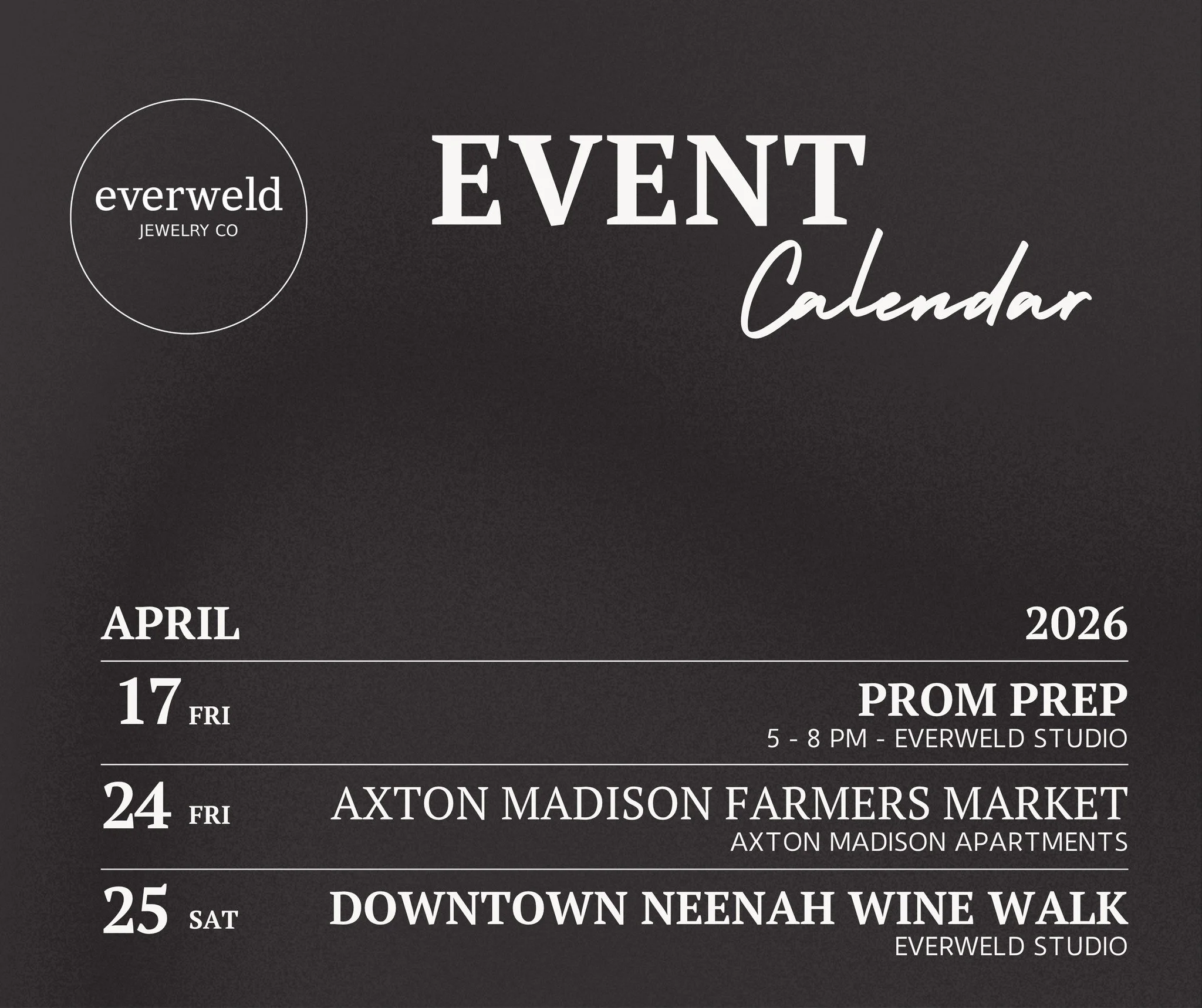 Here&rsquo;s what&rsquo;s happening this month:
📍Studio appointments all month in downtown Neenah
🎉 Private weld parties &ndash; birthdays, girls&rsquo; nights &amp; more
🛍 Pop-ups + special events

Book your appointment online now! 
#everwelded #