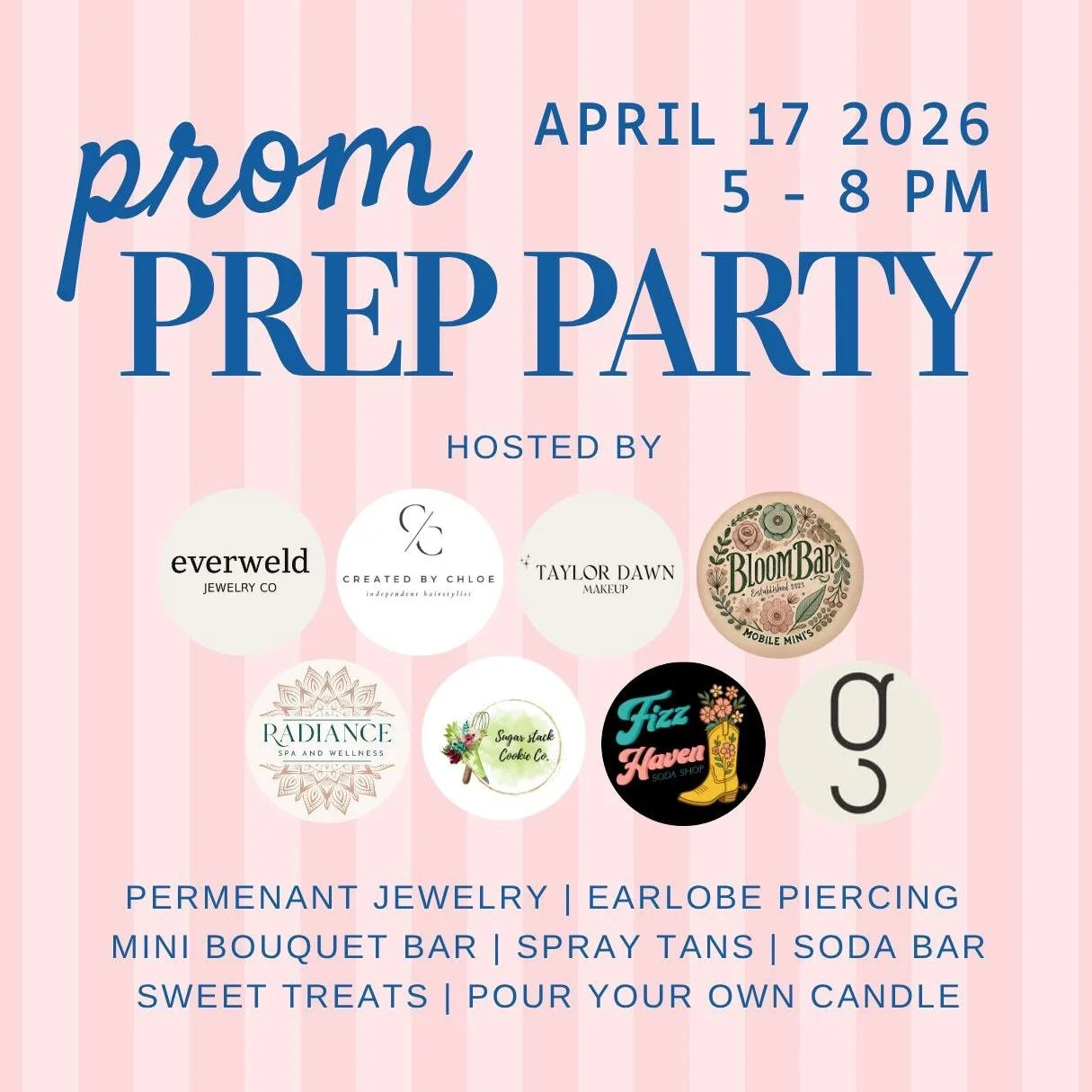 Get ready for prom with us: 
WHAT'S HAPPENING:
🌸 BUILD-YOUR-OWN MINI BOUQUET BAR with Daisy&rsquo;s Bloom Bar 
Daisy's Bloom Bar is bringing all the essentials for making your own mini bouquet!
💅 SPRAY TAN SERVICES with Radiance Spa 
Radiance Spa i