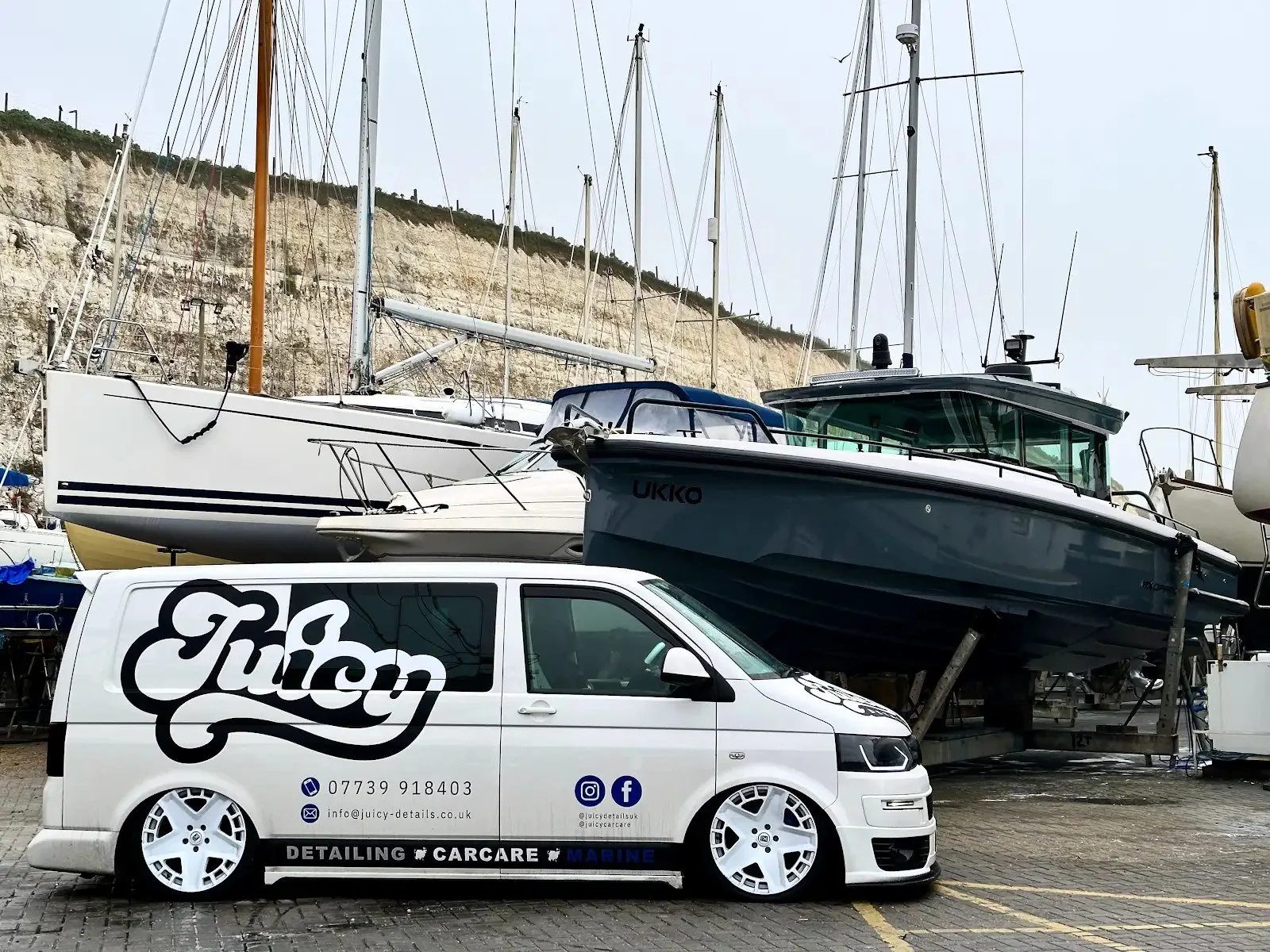 Juicy Car Care detailing van at a Sussex boat yard for mobile boat valeting