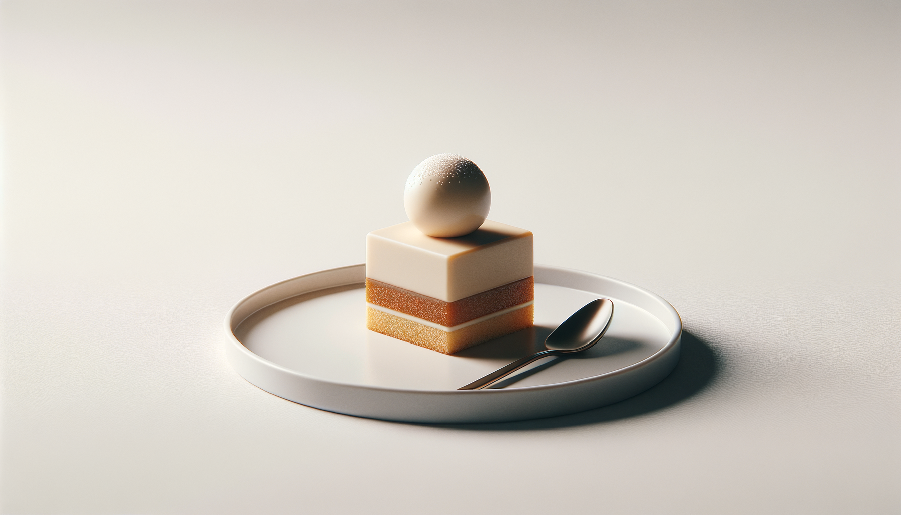 A geometric layered dessert on a white plate, with a spherical topping and a silver spoon by the side.