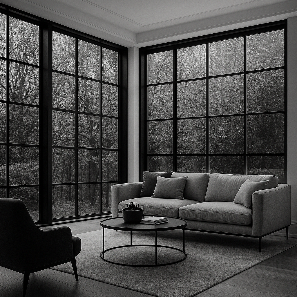 Living room with large windows showing a view of leafless trees, a white sofa with pillows, a black armchair, a round coffee table with a plant and books, and a rug.